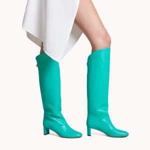 Bottes Adry en cuir Nappa bleu turquoise et talon moyen - Maison Skorpios par Adriana Abascal