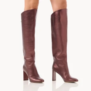Bottes Adriana en cuir Nappa métallisé marron chocolat et talon haut - Maison Skorpios par Adriana Abascal