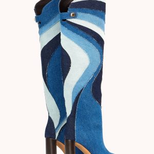 Bottes Aurora en patchwork denim et talon haut - Maison Skorpios par Adriana Abascal