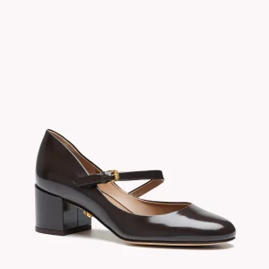 Babies Jane en cuir glacé marron chocolat et talons bloc moyen - Maison Skorpios par Adriana Abascal